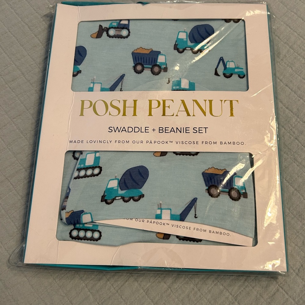 Posh Peanut Blue Truck Swaddle and Beanie Set, New in Packaging